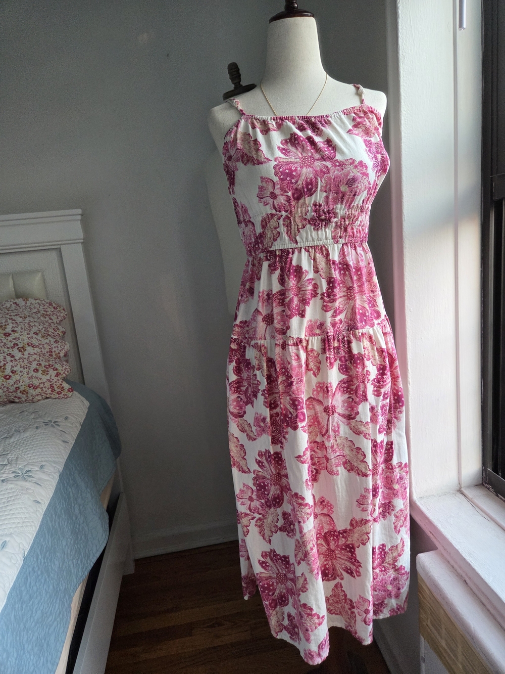 Old Navy White Maxi Dress with Pink Floral Print
